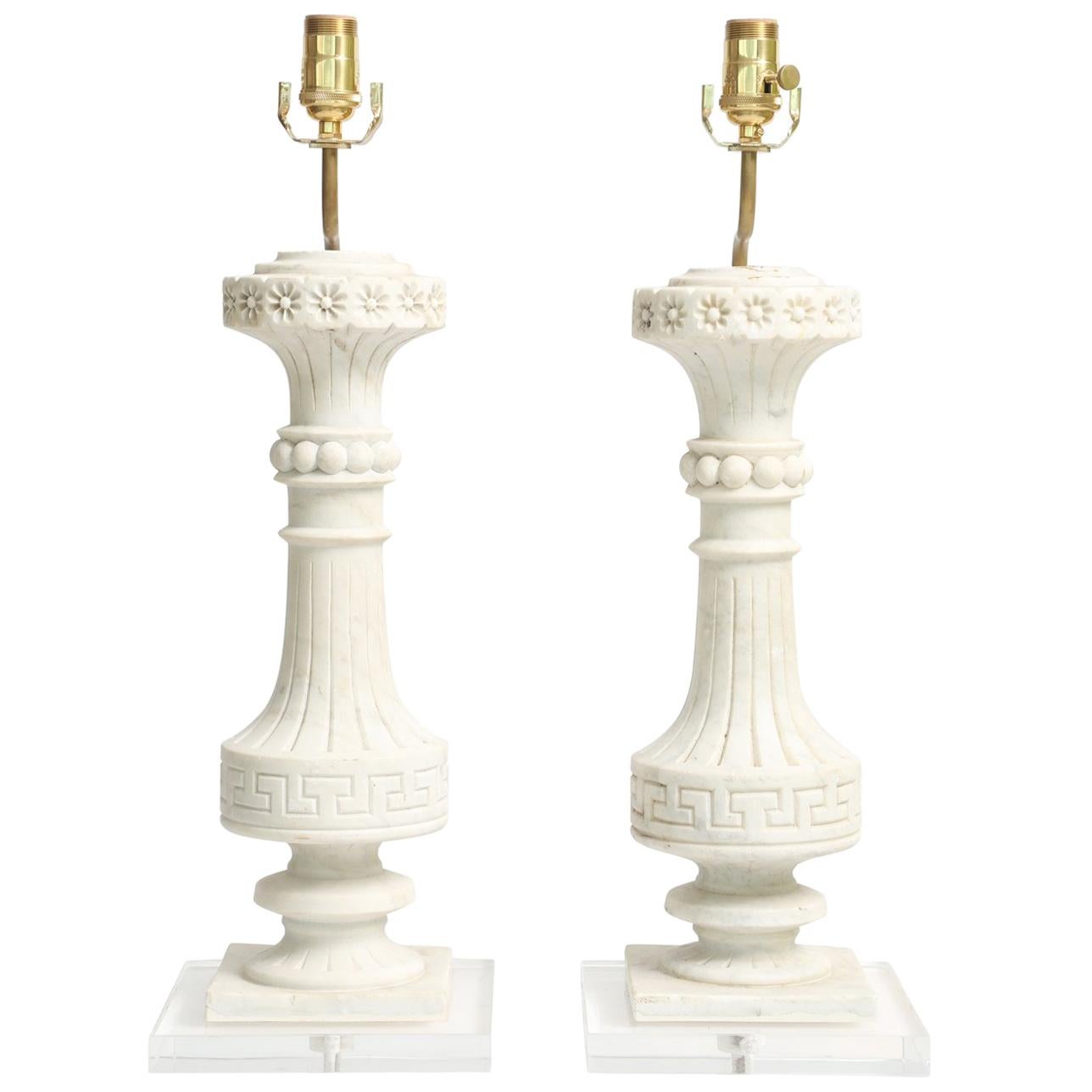 Pair of Carved Marble Baluster Lamps, on Bases of Lucite