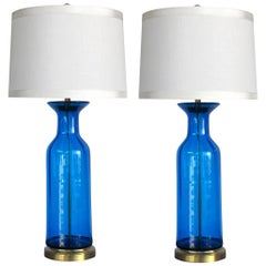 Striking Pair of Blue Art Glass Bottle-Form Lamps; Possibly By Blenko Glassworks
