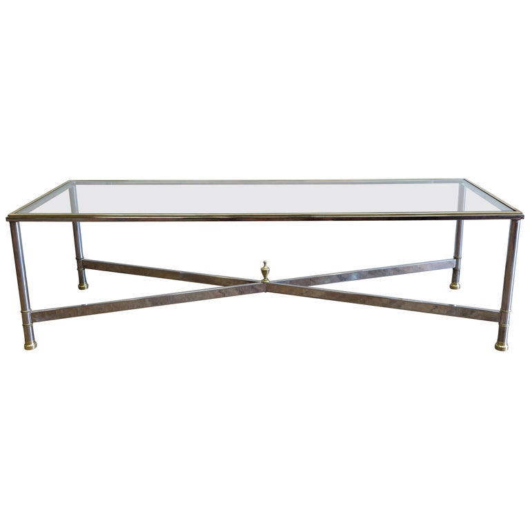 Glass Chrome And Brass Rectangular Cocktail Table Maison Jansen For Sale At 1stdibs