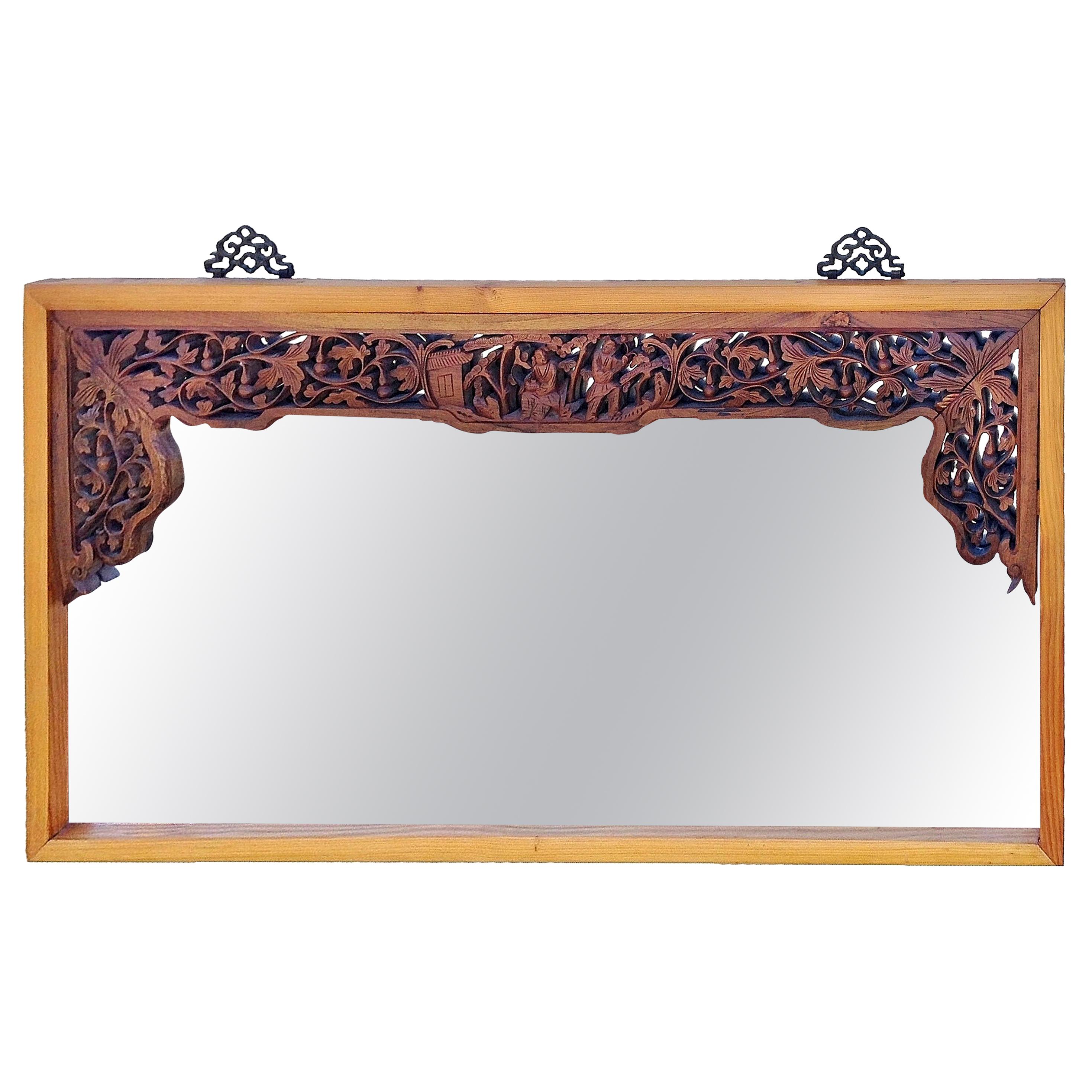 Large Asian Mirror with Antique Carving For Sale