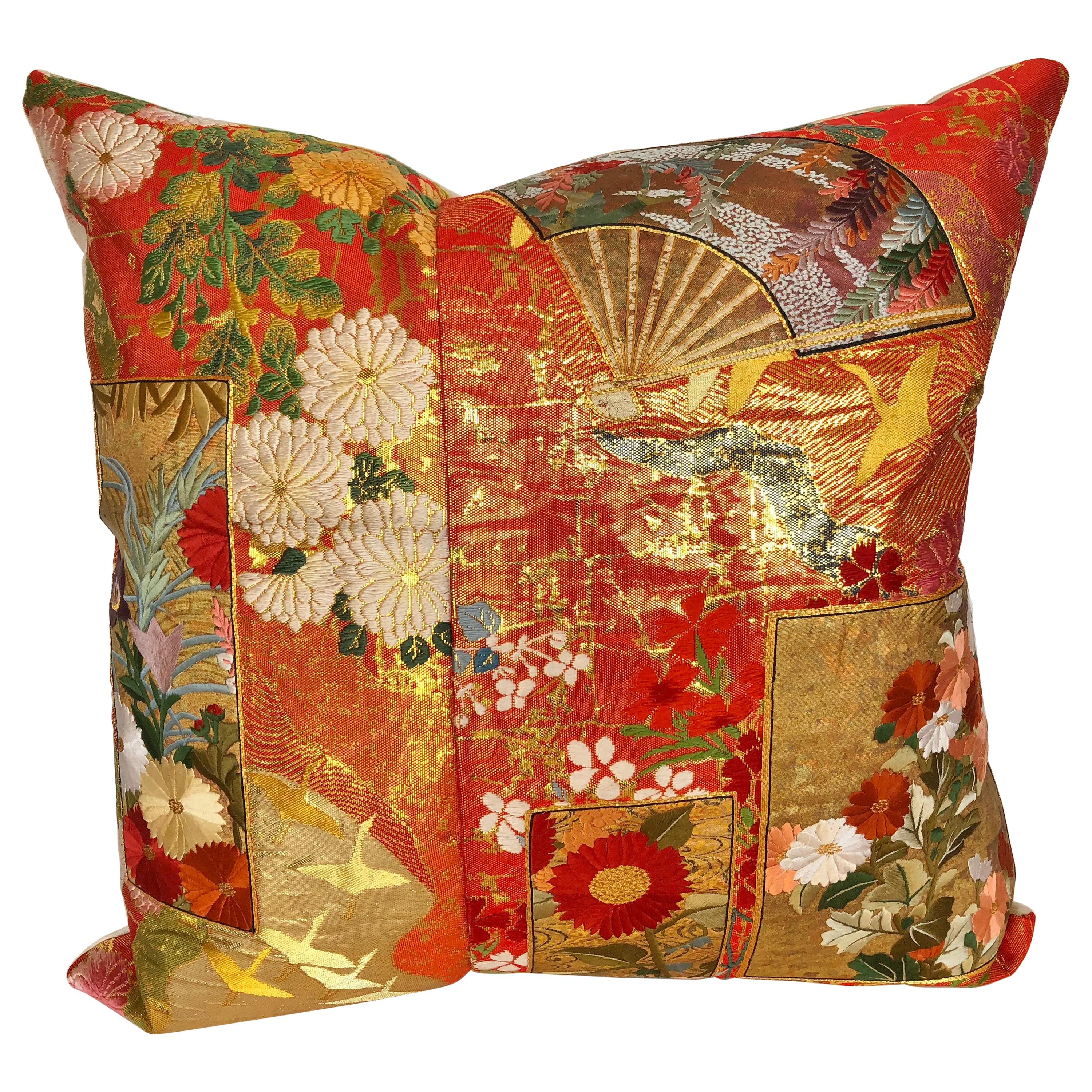 Custom Pillow by Maison Suzanne Cut from a Japanese Silk Wedding Kimono For Sale