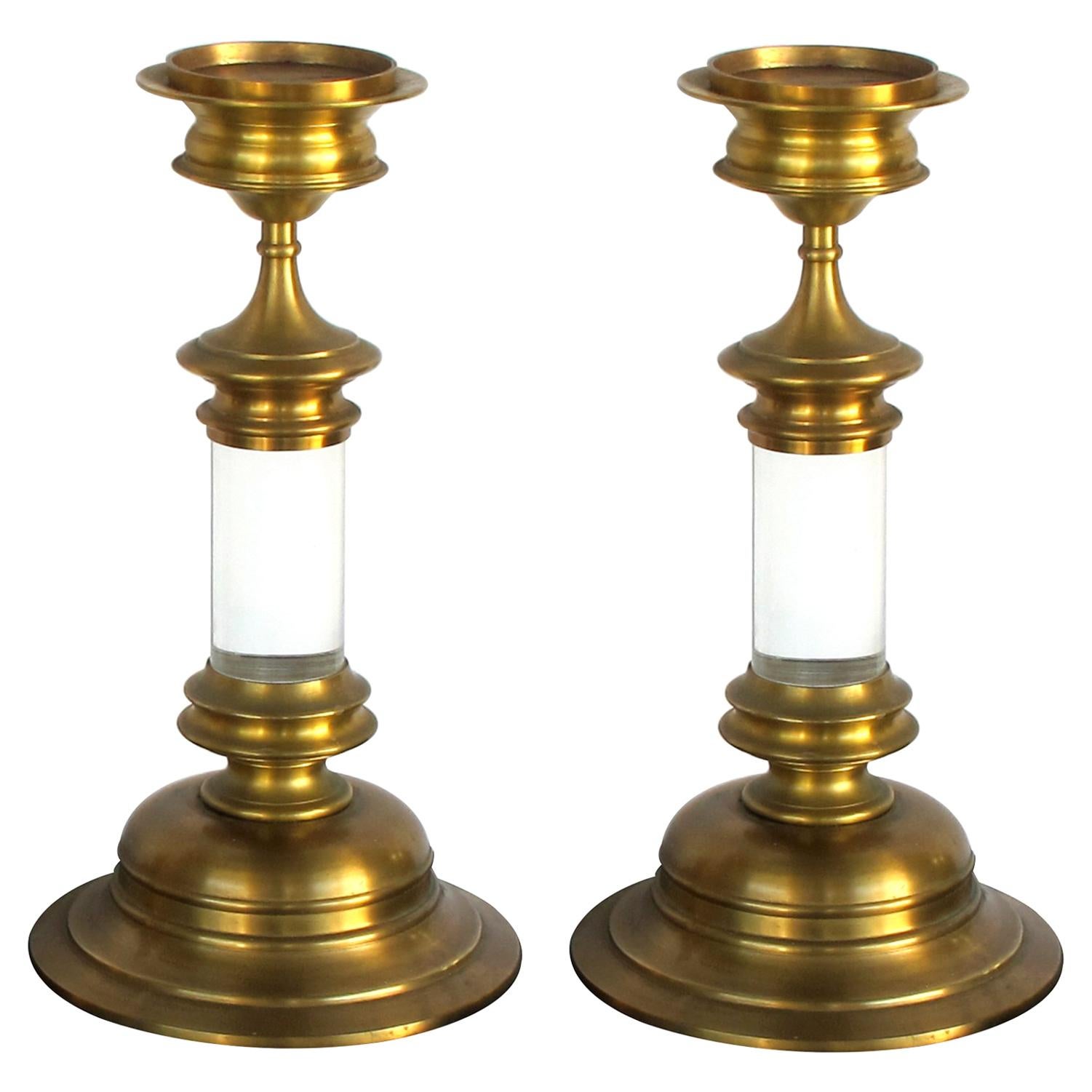 Large and Striking Pair of American 1960s Brass and Lucite Candlesticks