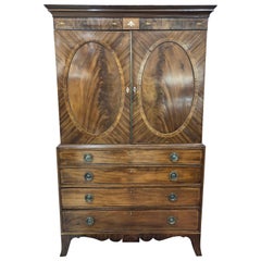 English Linen Press with Inlays and Tall Bracket Feet, Fine Oval Panels