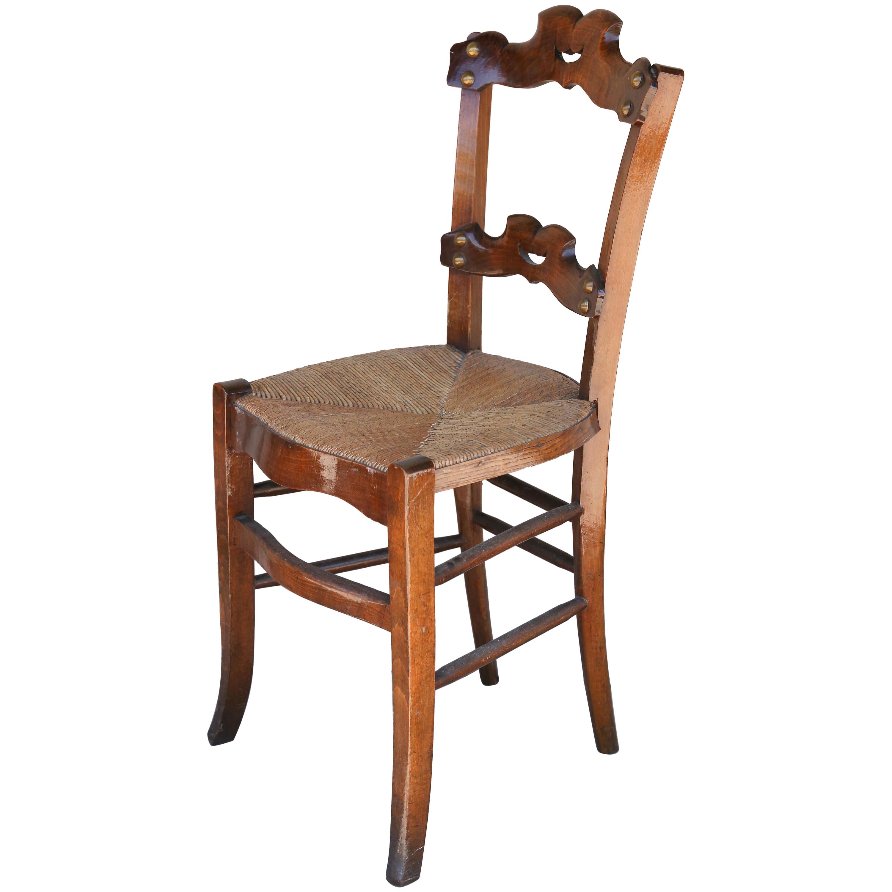 Set of Six French Oak Ornate Dining Chairs with Rush Seats, circa 1885