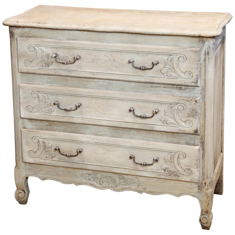 Antique French Petite Bleached ThreeDrawer Dresser with Carved Drawers