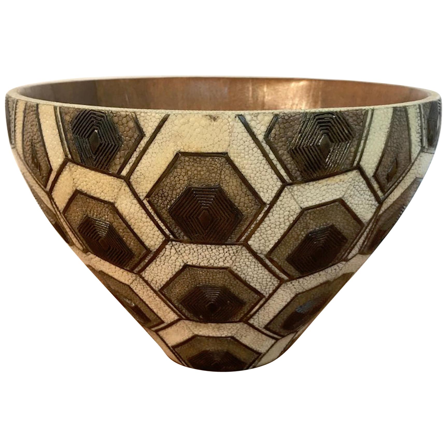 French Modern Shagreen, Bronze and Wood Bowl by R&Y Augousti