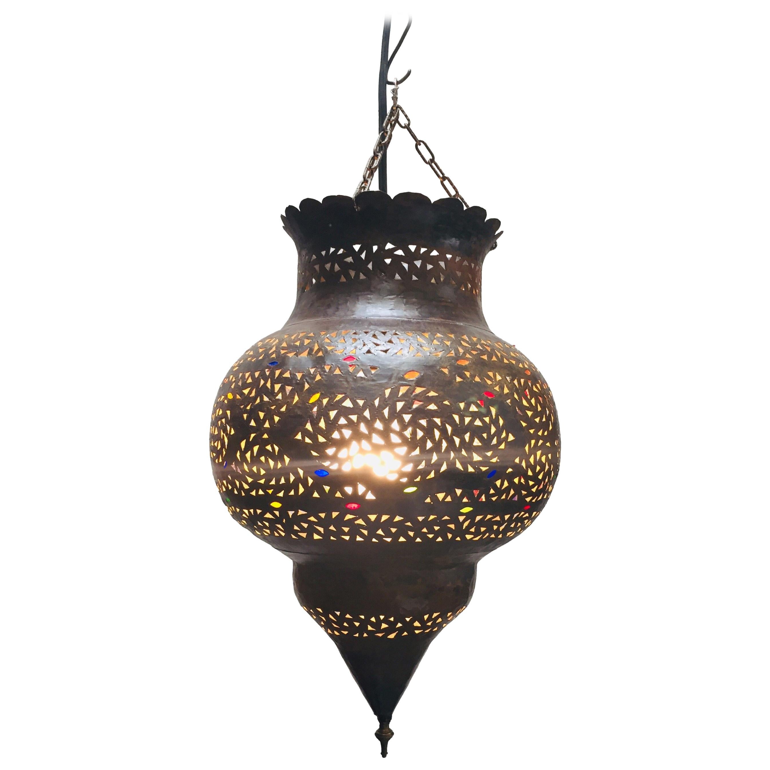 Moroccan Handcrafted Moorish Bronze Pendant Lantern with Multi-Color Glass