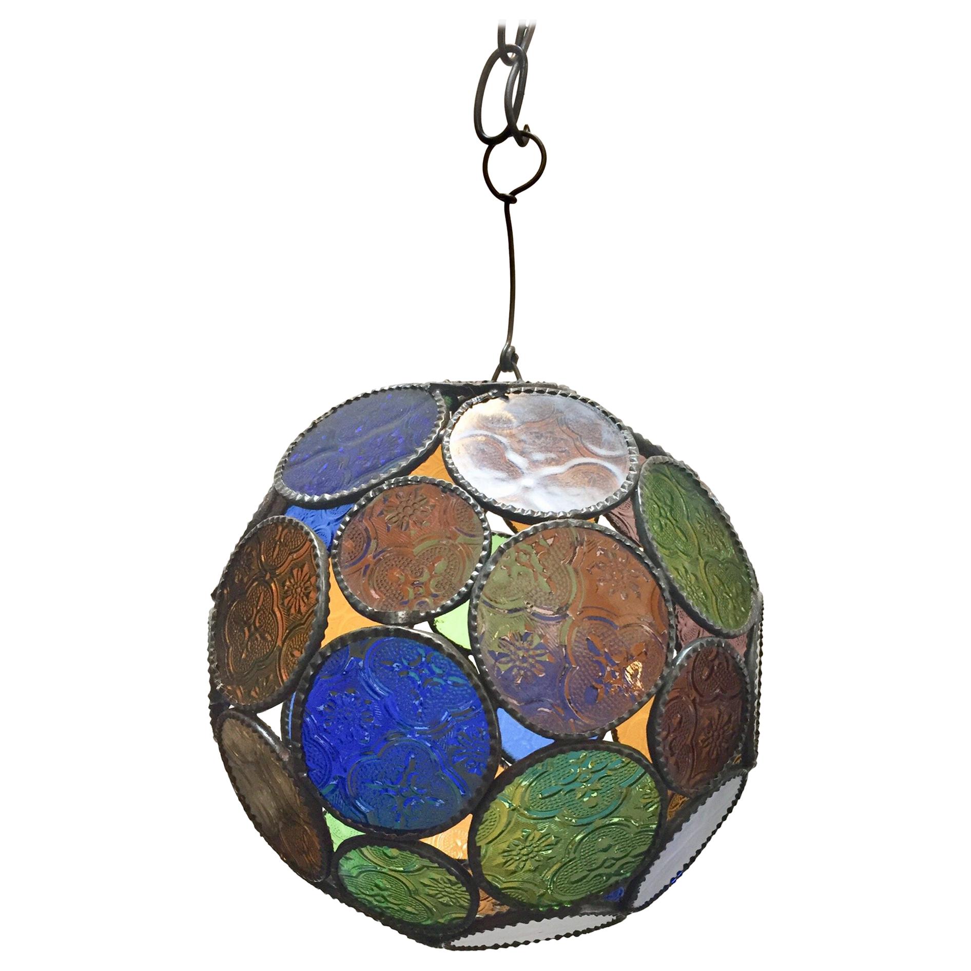 Handcrafted Moroccan Moorish Glass Orb Lantern with Multi-Color Glass For Sale