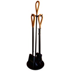 Retro Midcentury Modern Iron/Leather Fireplace Tool Set in the Style of Jacques Adnet