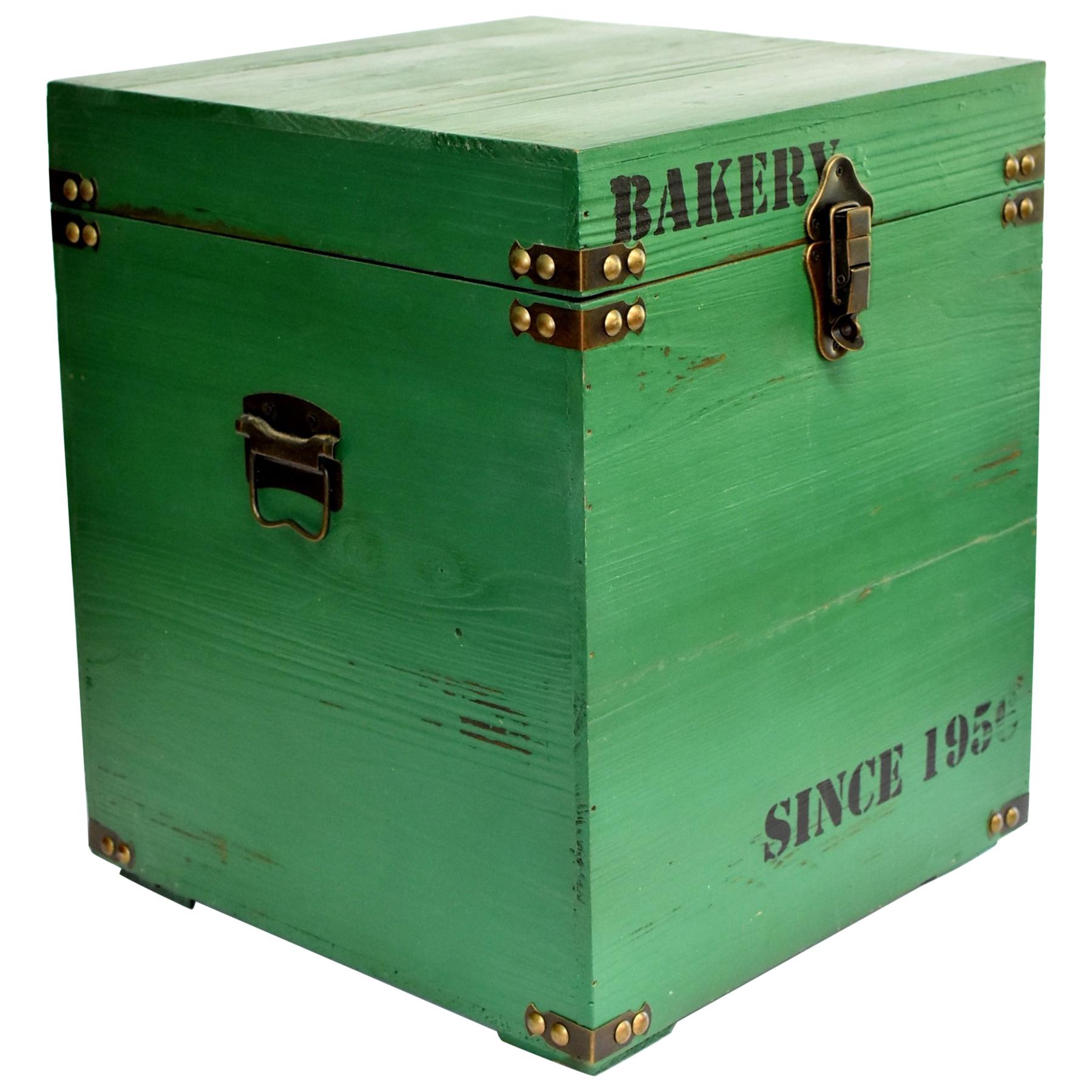 Green Wooden Cube Box, Side Table, Bakery Print New