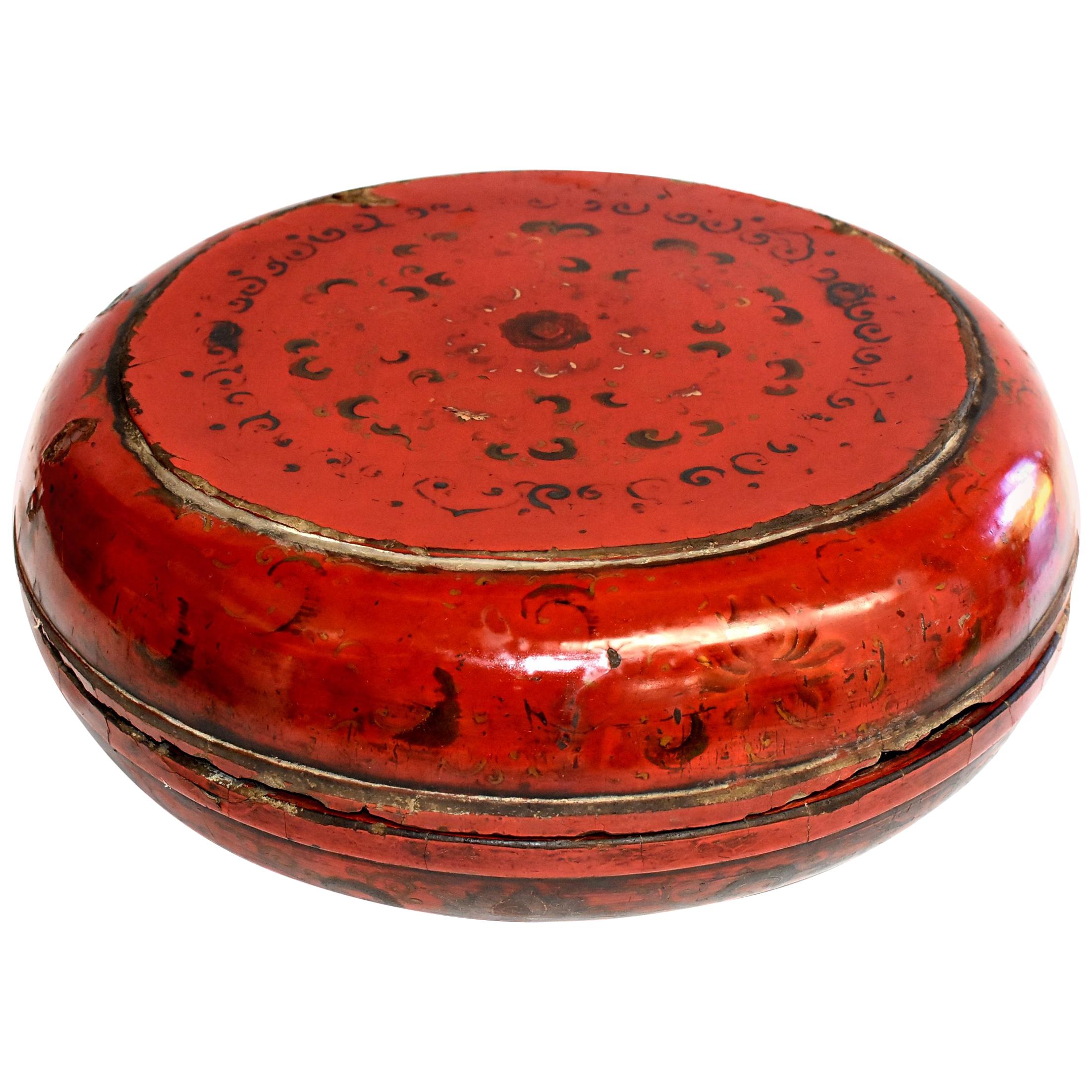 Antique Chinese Red Lacquered Round Box, All Original