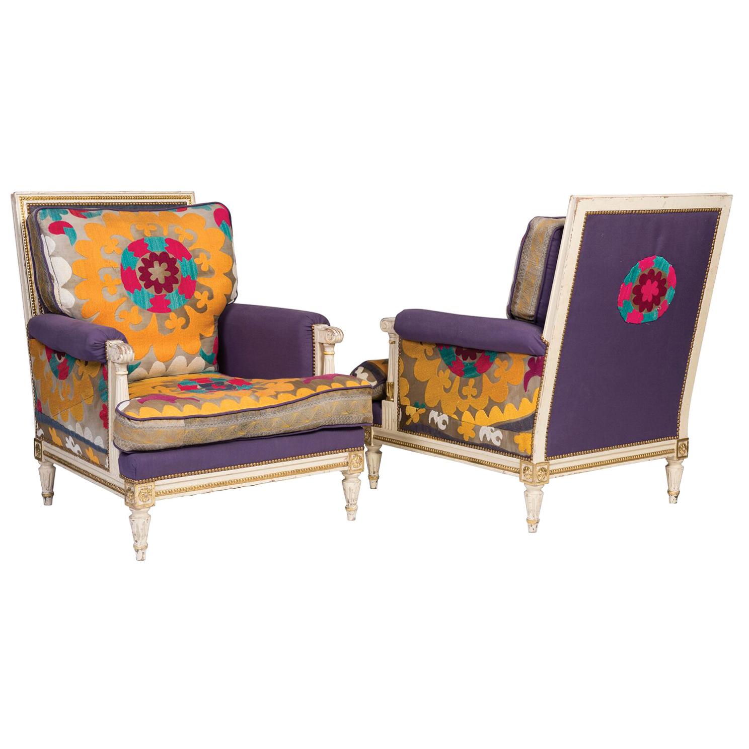 Pair of White and Gilt Decorated Louis XVI Style Armchairs, French, Uzbek For Sale