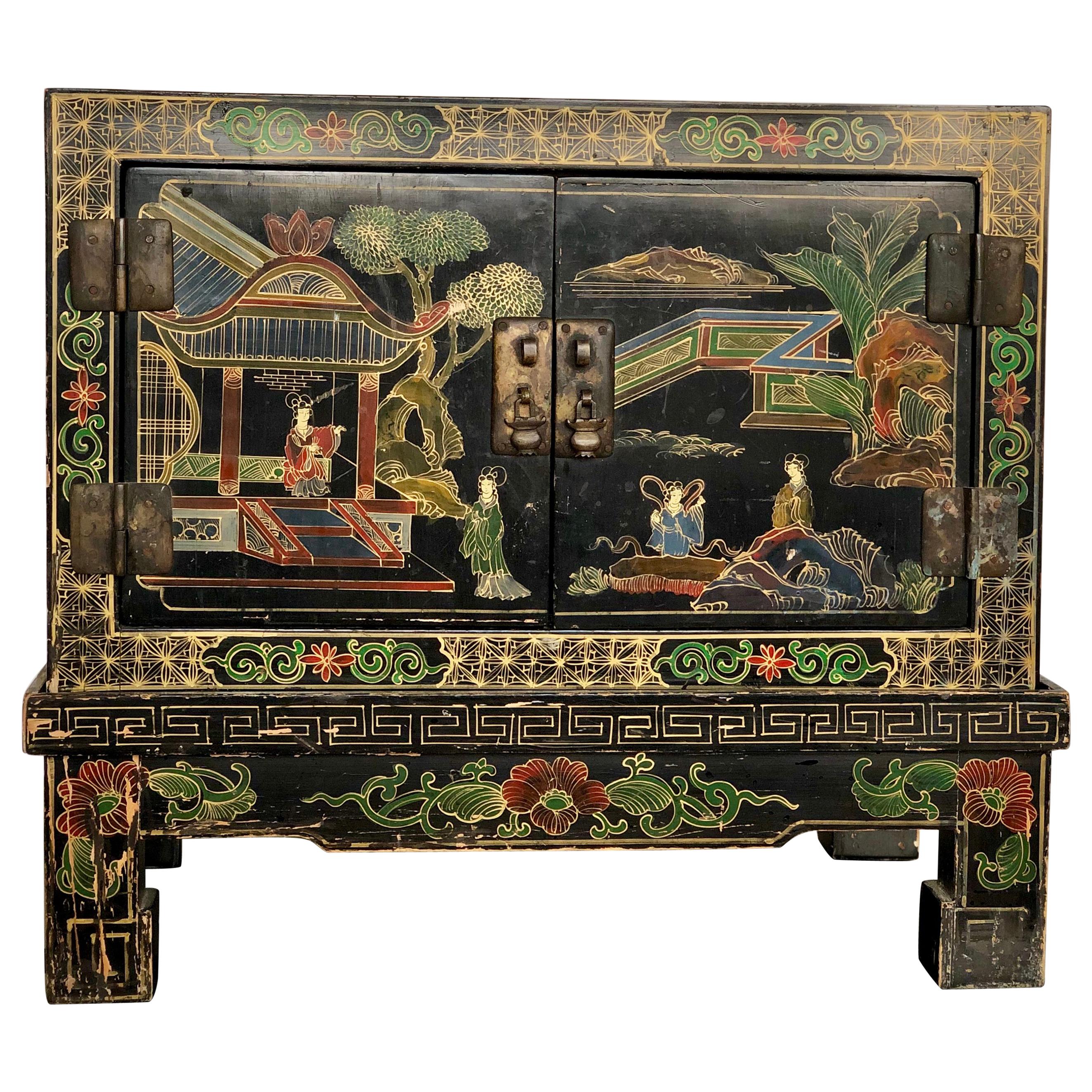 Chinese Hand Painted Small Cabinet, Chest on Stand, 20th Century ON SALE 