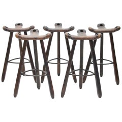 Set of Five Spanish Bar Stools in solid Wood, 1960s