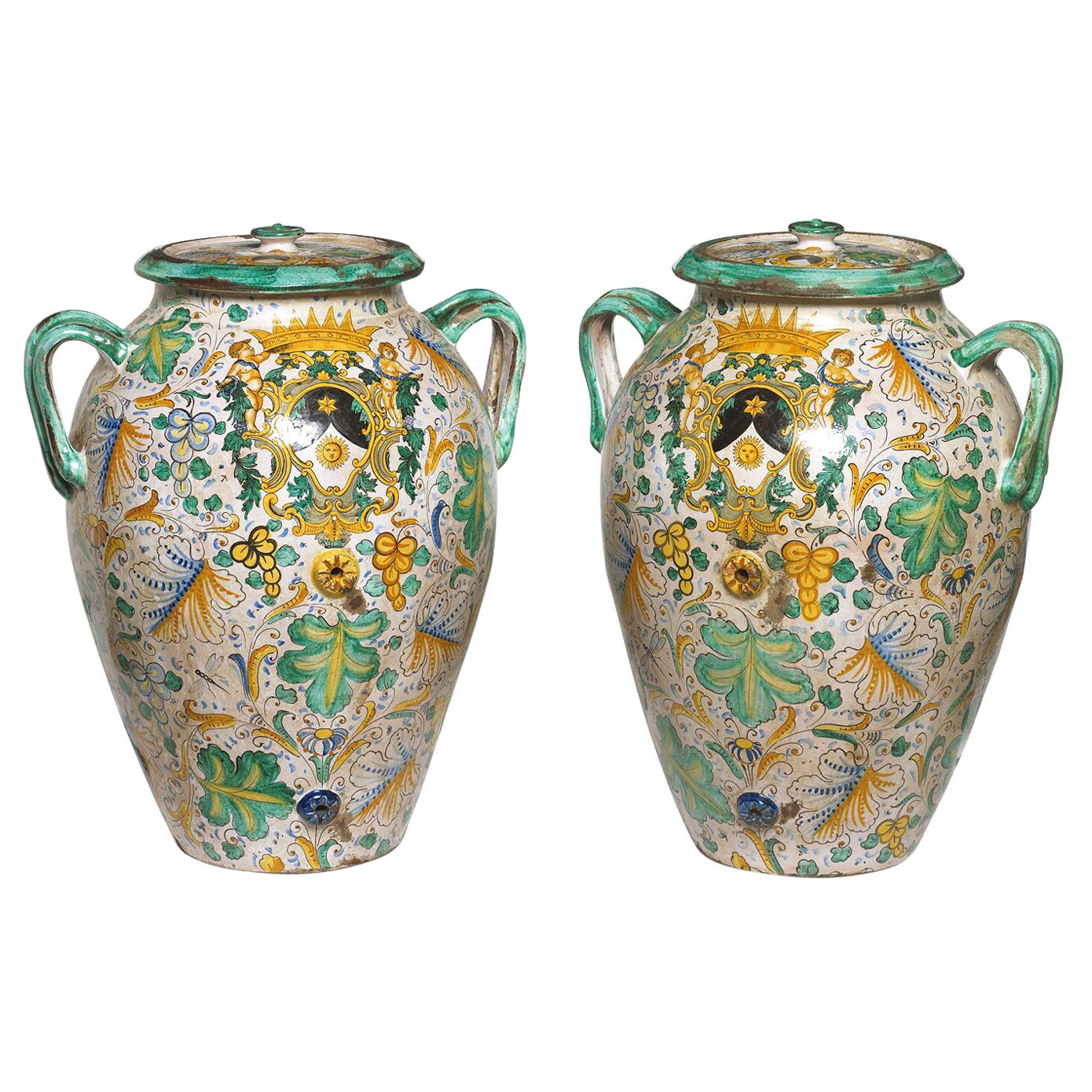 Fine Matched Pair of Hand Painted Majolica Covered Urns Italian/ Spanish