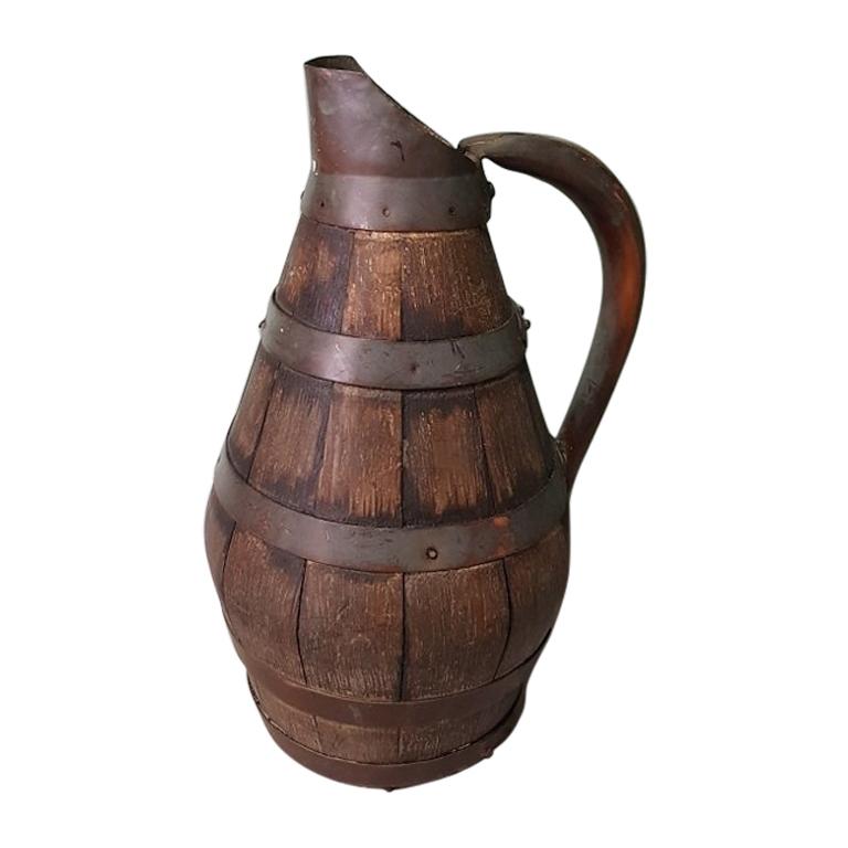 Antique 19th Century French Wooden And Copper Wine Pitcher.