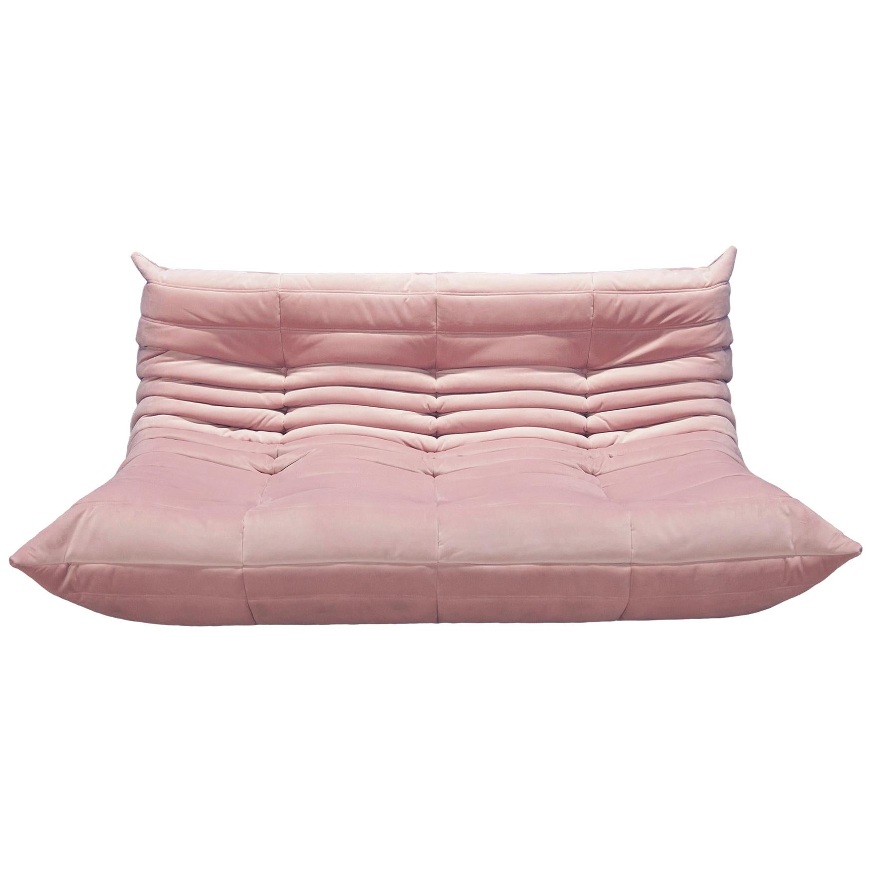 Togo 3-Seat Sofa in Pink Velvet by Michel Ducaroy for Ligne Roset For Sale