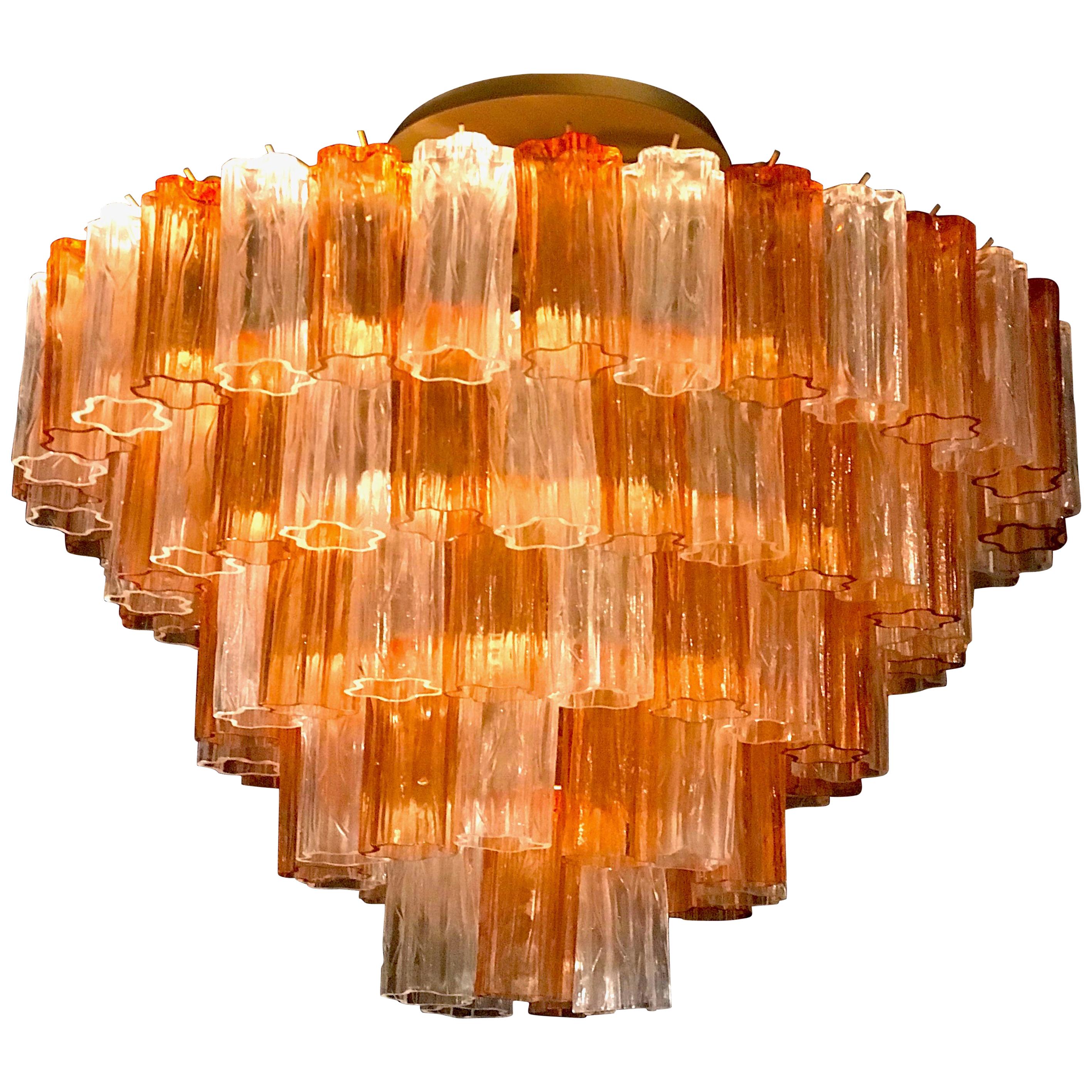 Venini Brass Mounted Gold and Ice Murano Glass Chandelier or Flush Mount, 1970