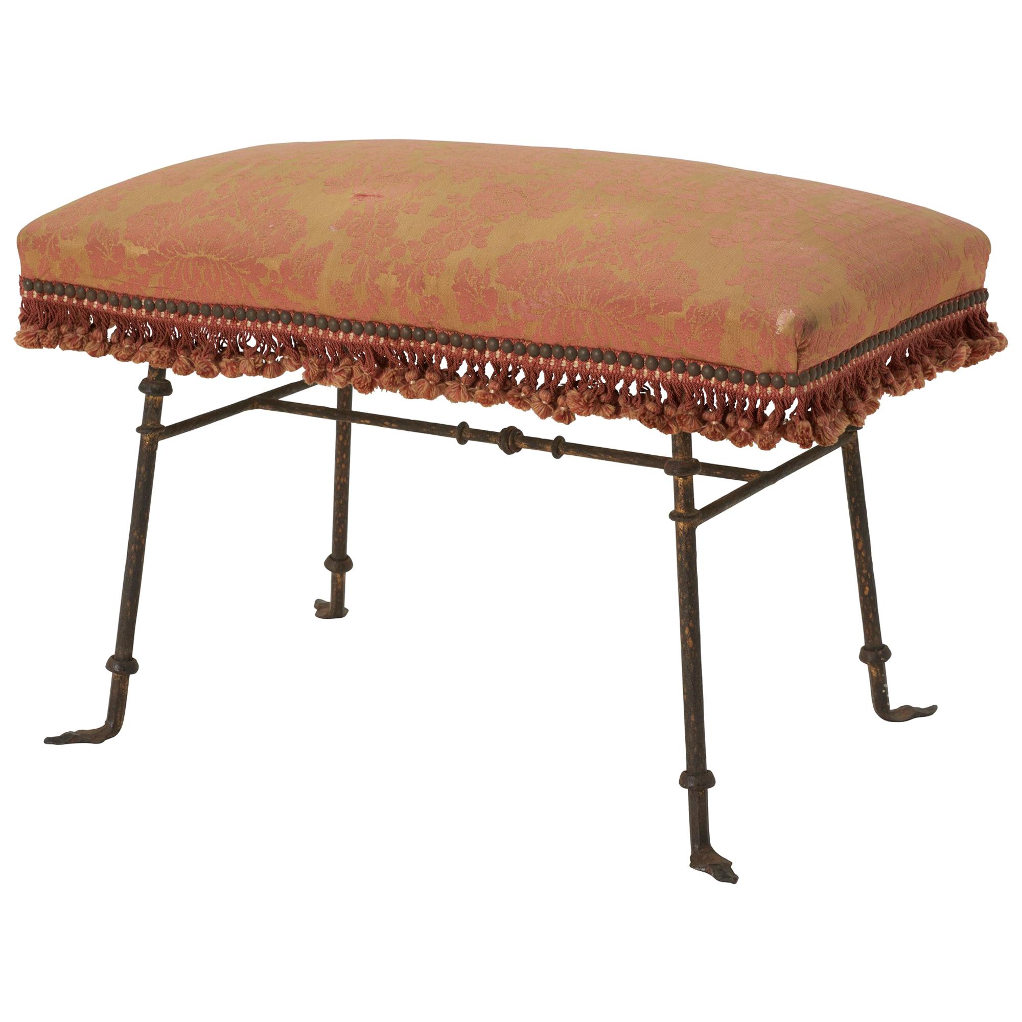 Mid-20th Century Brass Bench with Original Damask and Tassels 