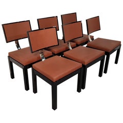 Set of Six Black Painted Armchairs with Leather Covered Seat, 1930s, Hungary