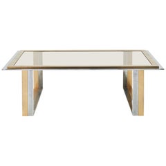 French Mid-Century Chrome and Brass Coffee Table with Glass Insert