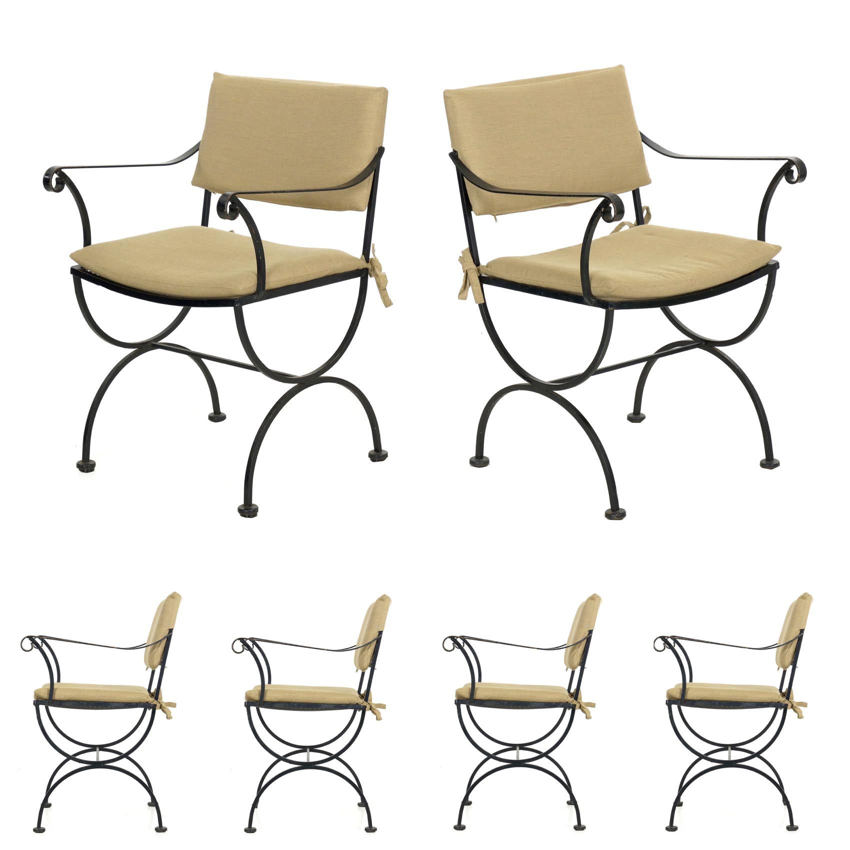 Vintage Set of Six Black Iron Patio Dining Chairs in Salterini Style