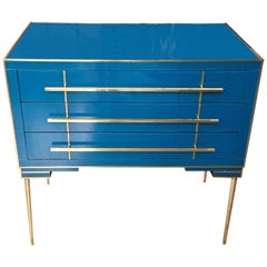 Peacock Blue Opaline Glass Italian Chest of Drawers with Brass Fittings, 1970s