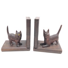 Antique Black Forest Wood Carved Cat and Dog Bookends, 1900s