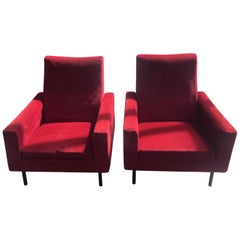 Pair of Vintage Armchairs for Zol in Red Fabric and Metal, 1950