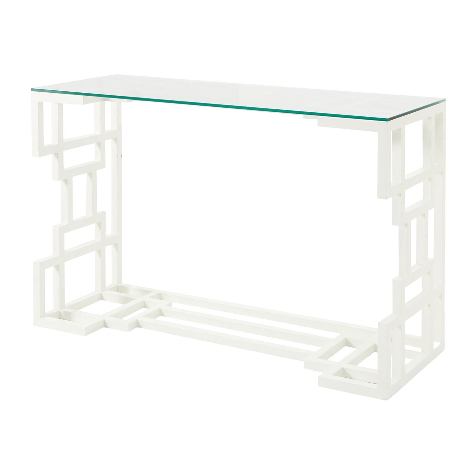 1980s Painted French Metal Console Table in White with Glass Top