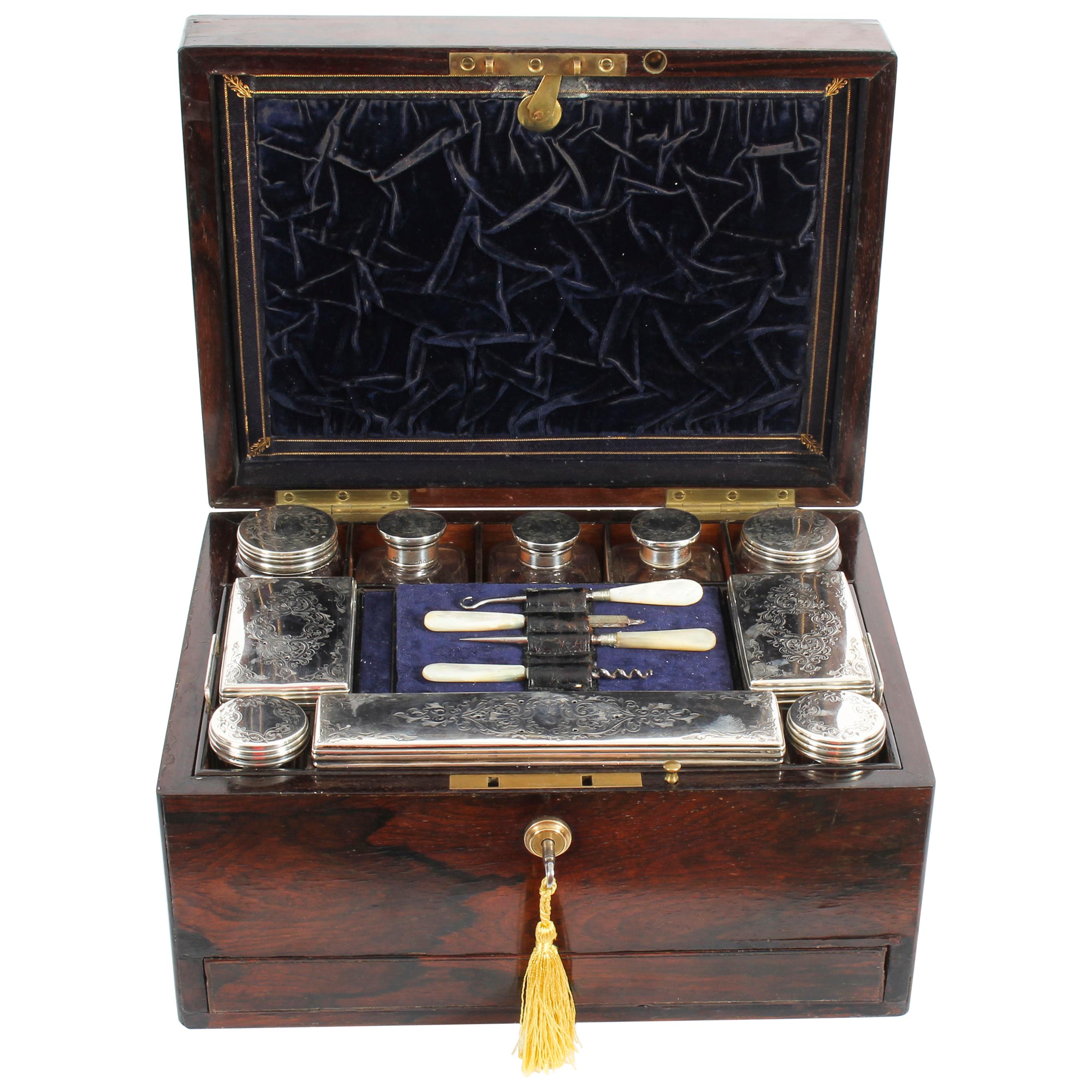 Victorian Rosewood & Sterling Silver Travelling Dressing Case 1861, 19th Century