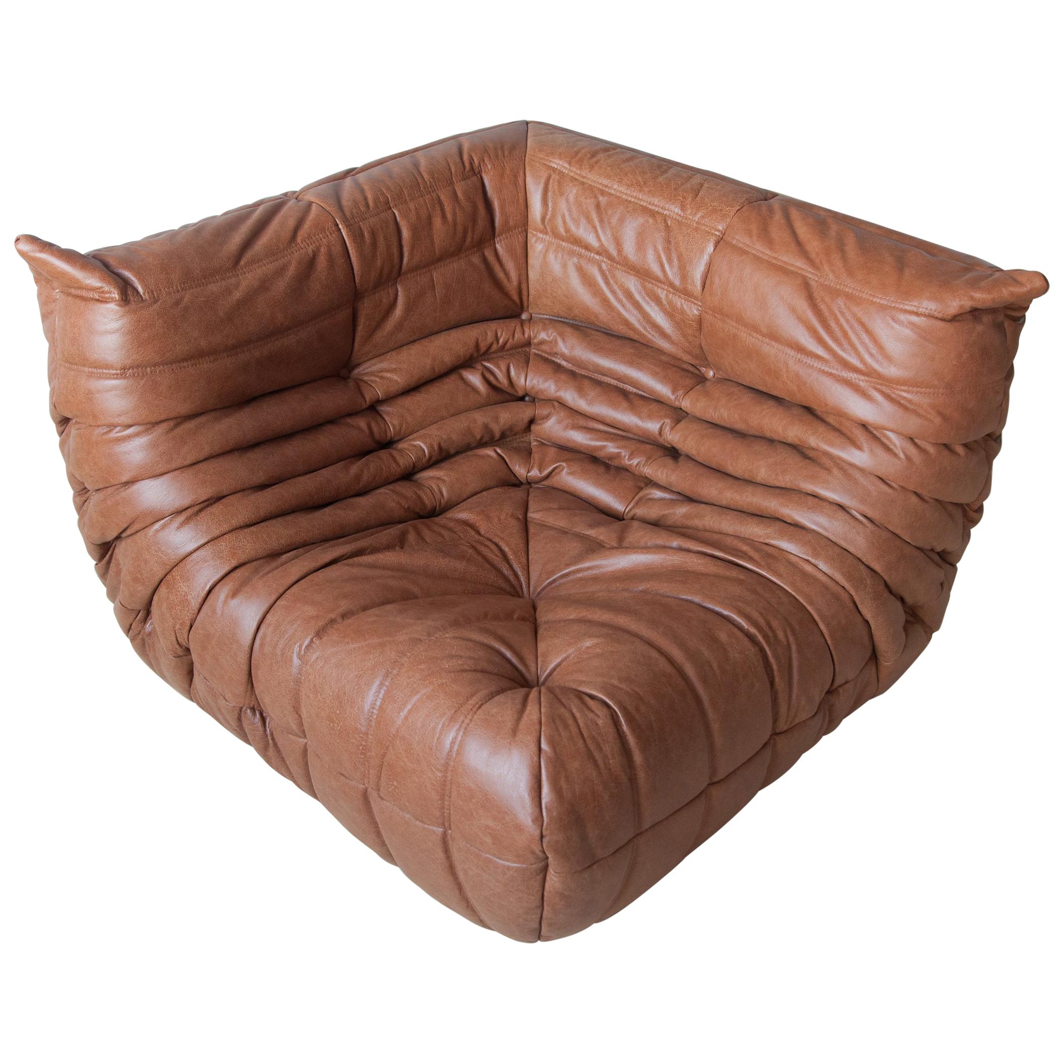 Togo Corner Couch in Kentucky Brown Leather by Michel Ducaroy by Ligne Roset For Sale