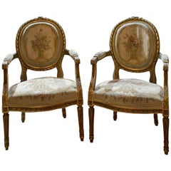 Pair of Carved and Giltwood Louis XVI Style Fauteilles
