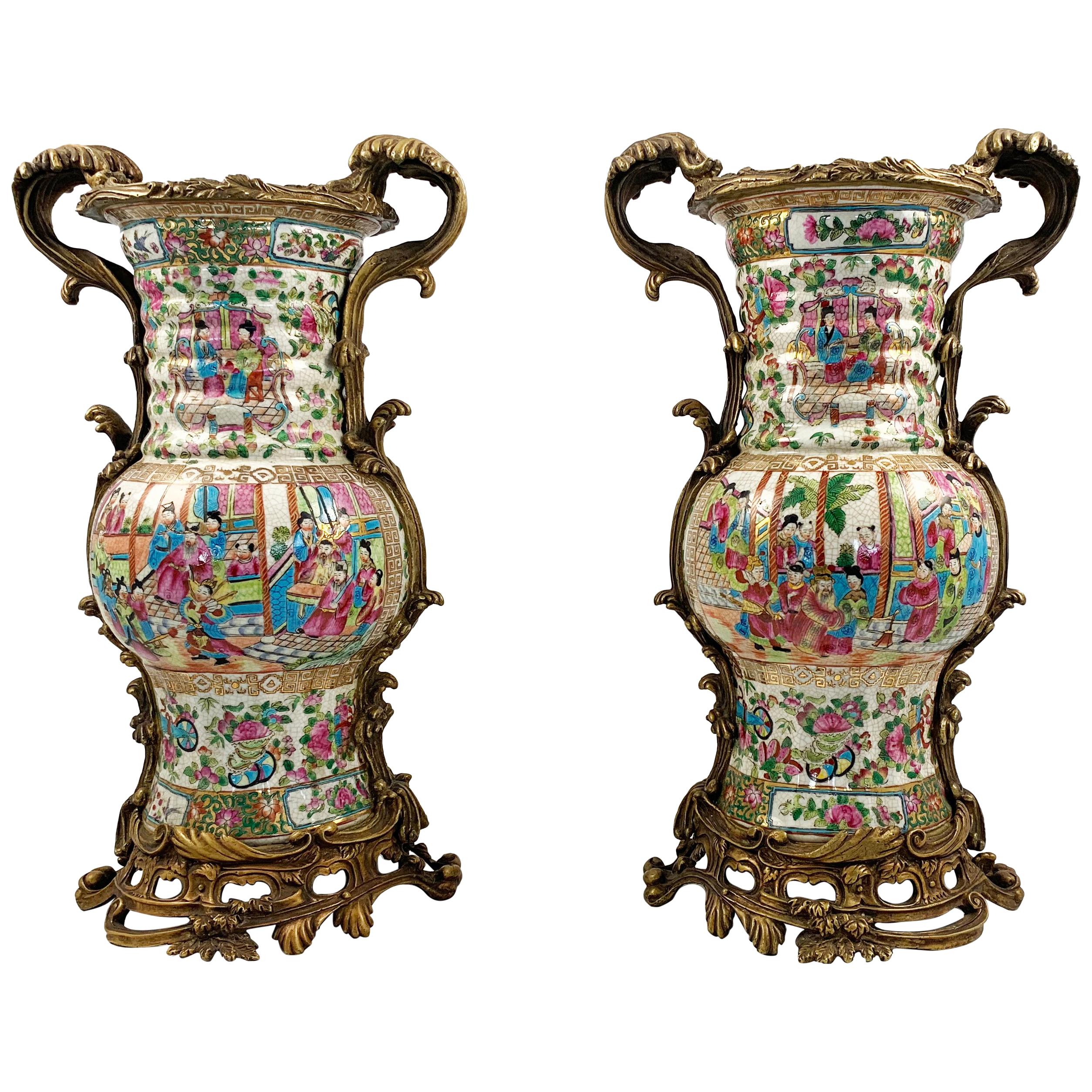 20th Century Pair of Cantonese Ormolu Mounted Vases For Sale