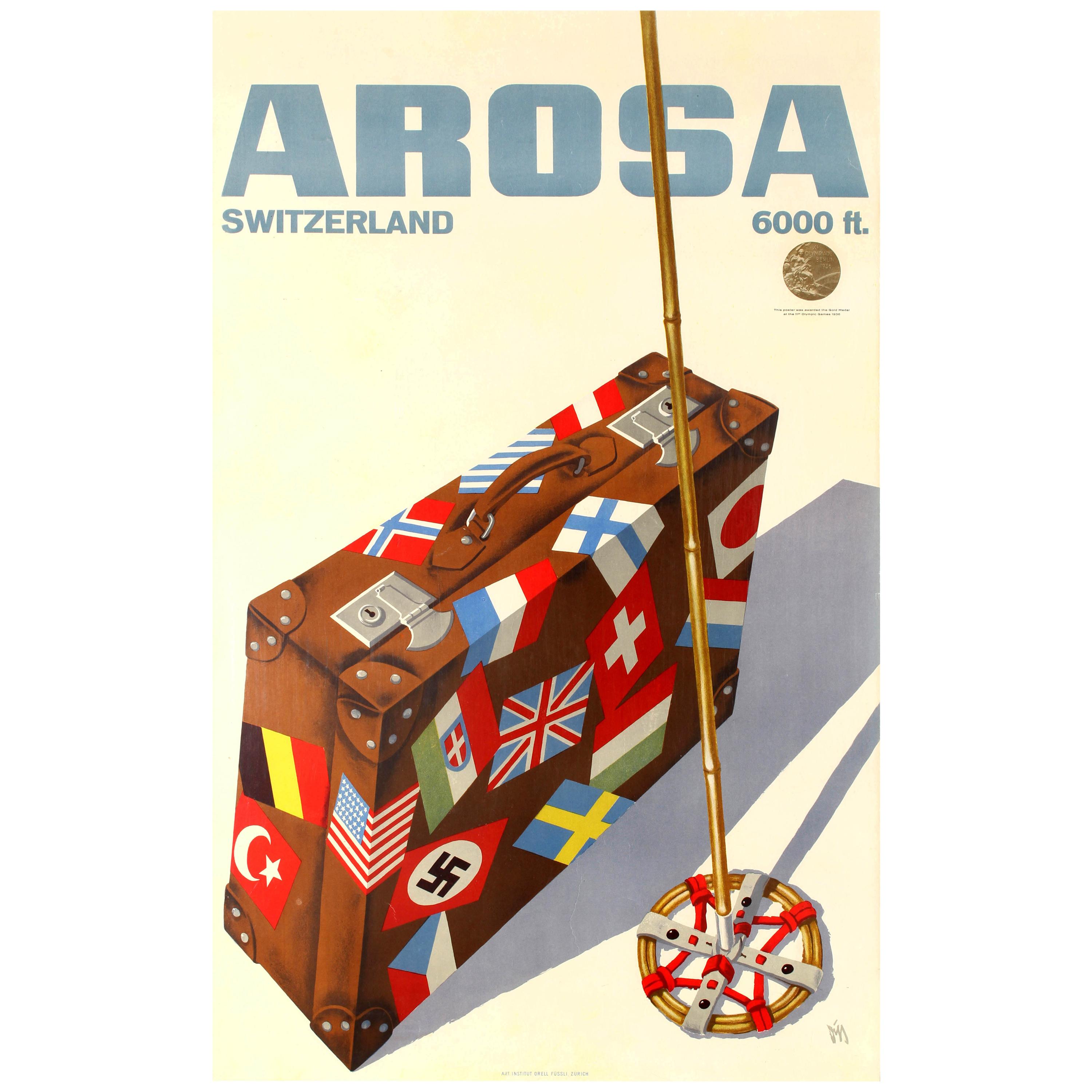 Original Vintage Winter Sport Travel Poster Arosa Switzerland Gold Medal Award