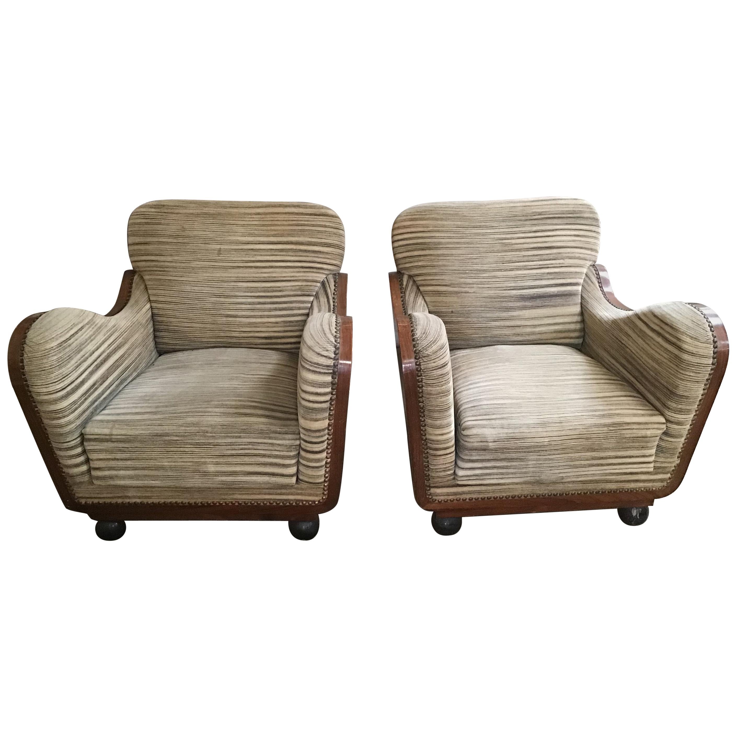 Pair of Italian Art Deco Armchairs in Briar Root and Original Fabric, 1940s For Sale