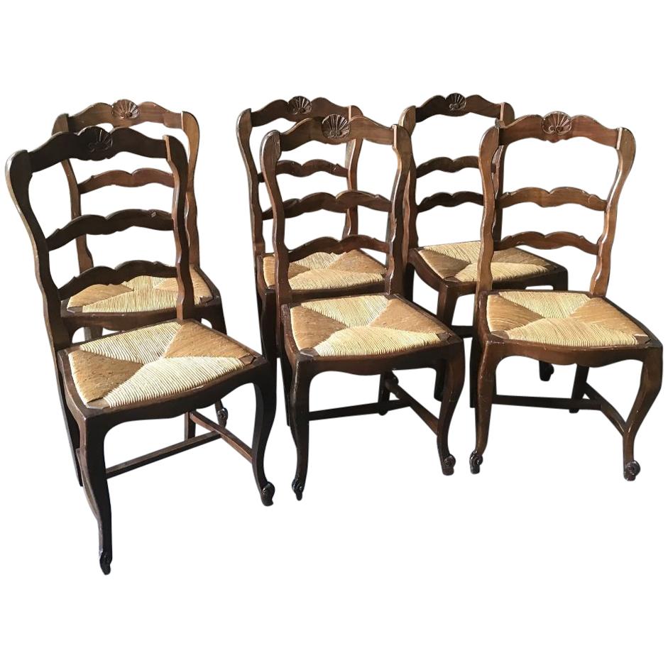 19th Century Italian Set of Six Dining Chairs with Straw Seat, 1890s For Sale