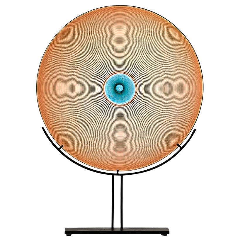 Blown Glass Sculpture, Apricot Disc with Aqua and Gold, by Vetro Vero - In Stock