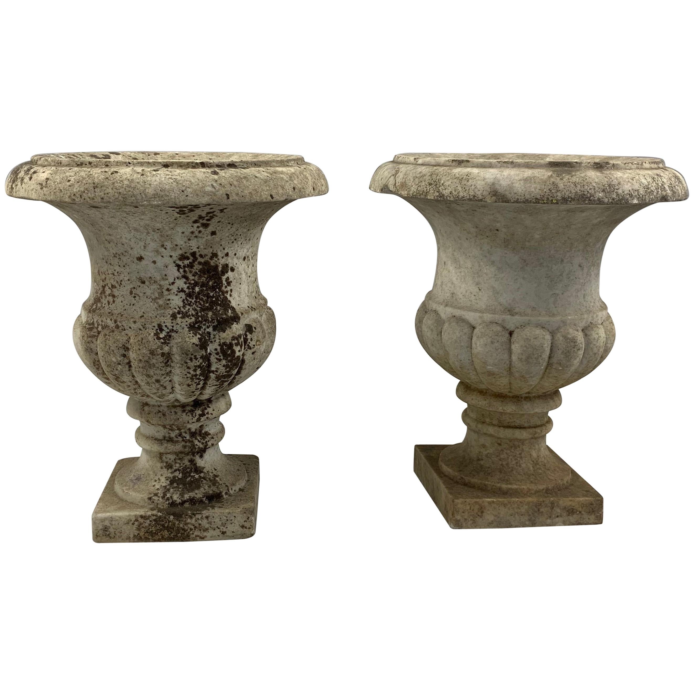19th Century Pair of Carrara Marble Campana Shaped Garden Urns For Sale