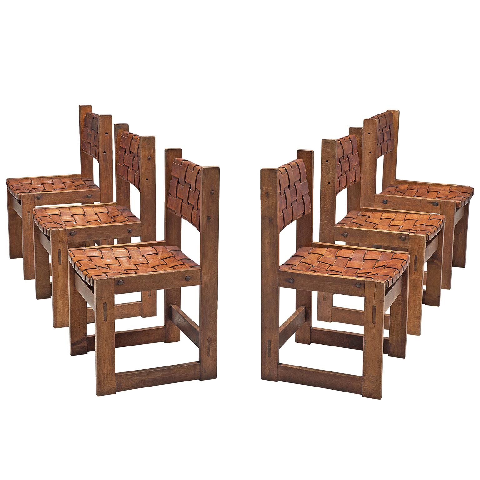 Scandinavian Set of Dining Chairs with Leather Woven Seats