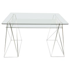 Vintage Trestle Leg table desk with two-tiered glass top, 1970s