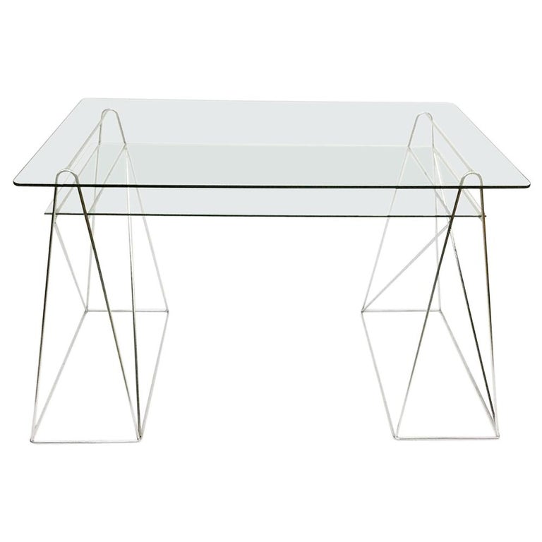 Trestle Leg Console Table / Desk with TwoTiered Glass Top For Sale at
