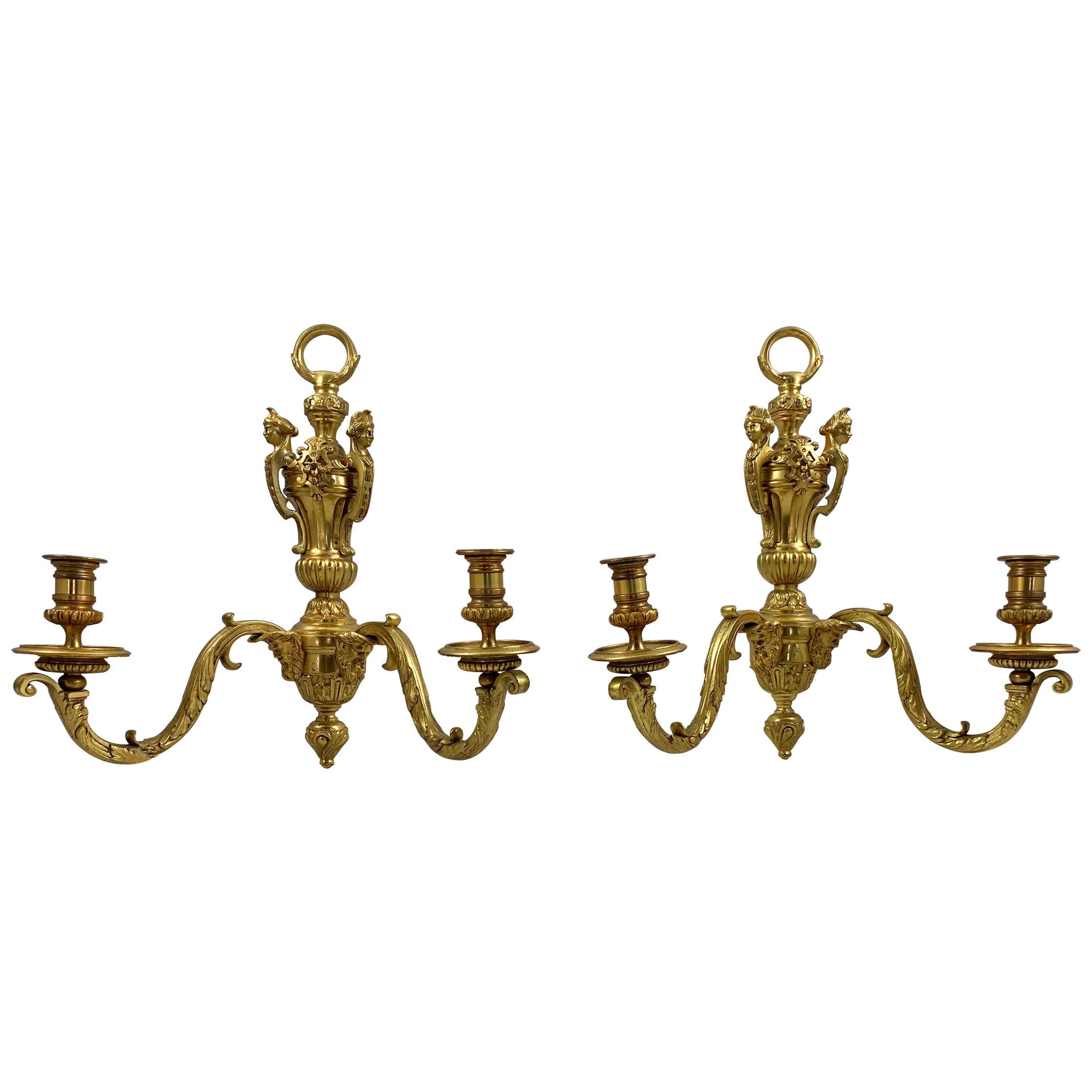 19th Century Fine Pair of Ormolu Two Branch Candelabra Wall Lights For Sale