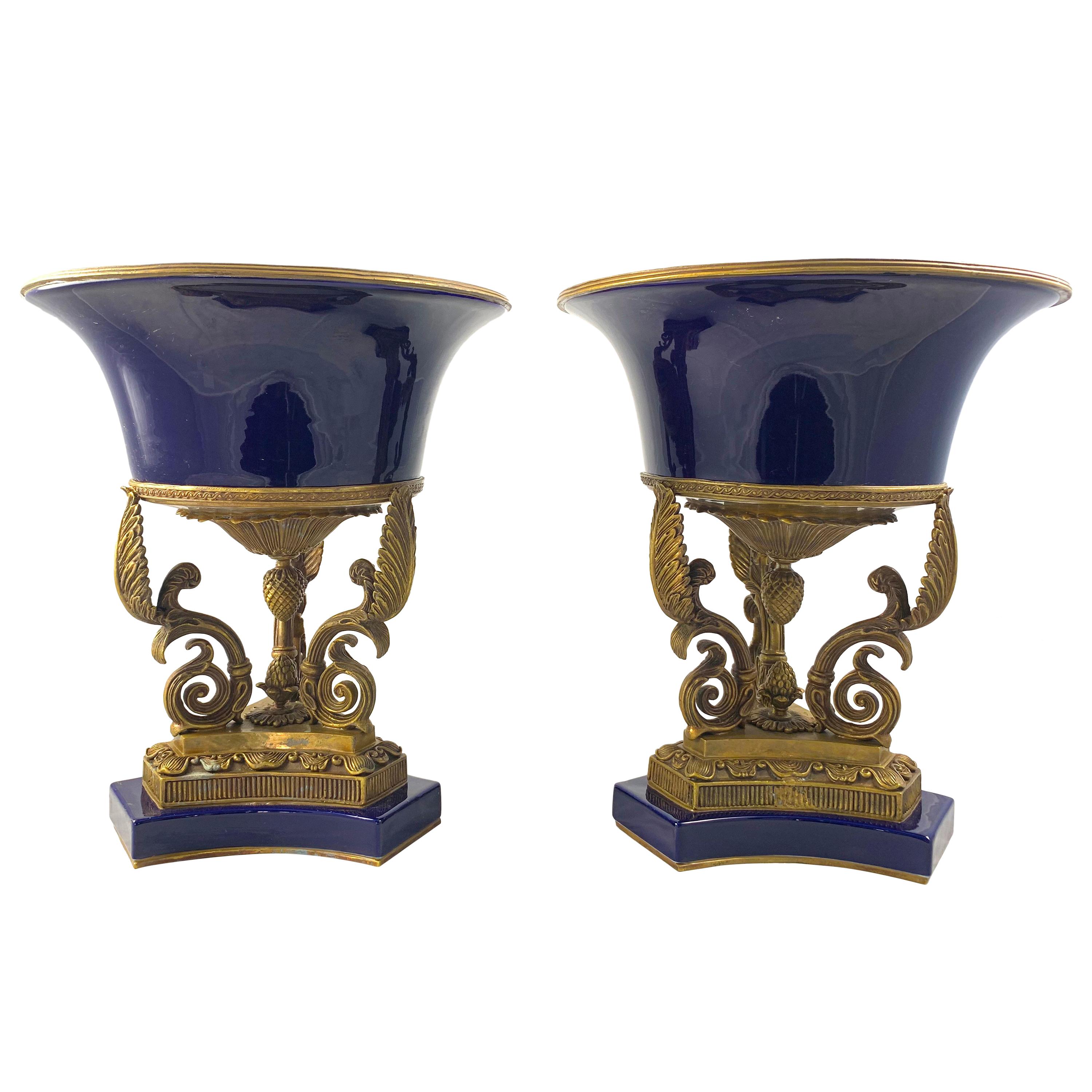 20th Century Pair of Ormolu Mounted French Empire Bleu De Roi Porcelain Urns