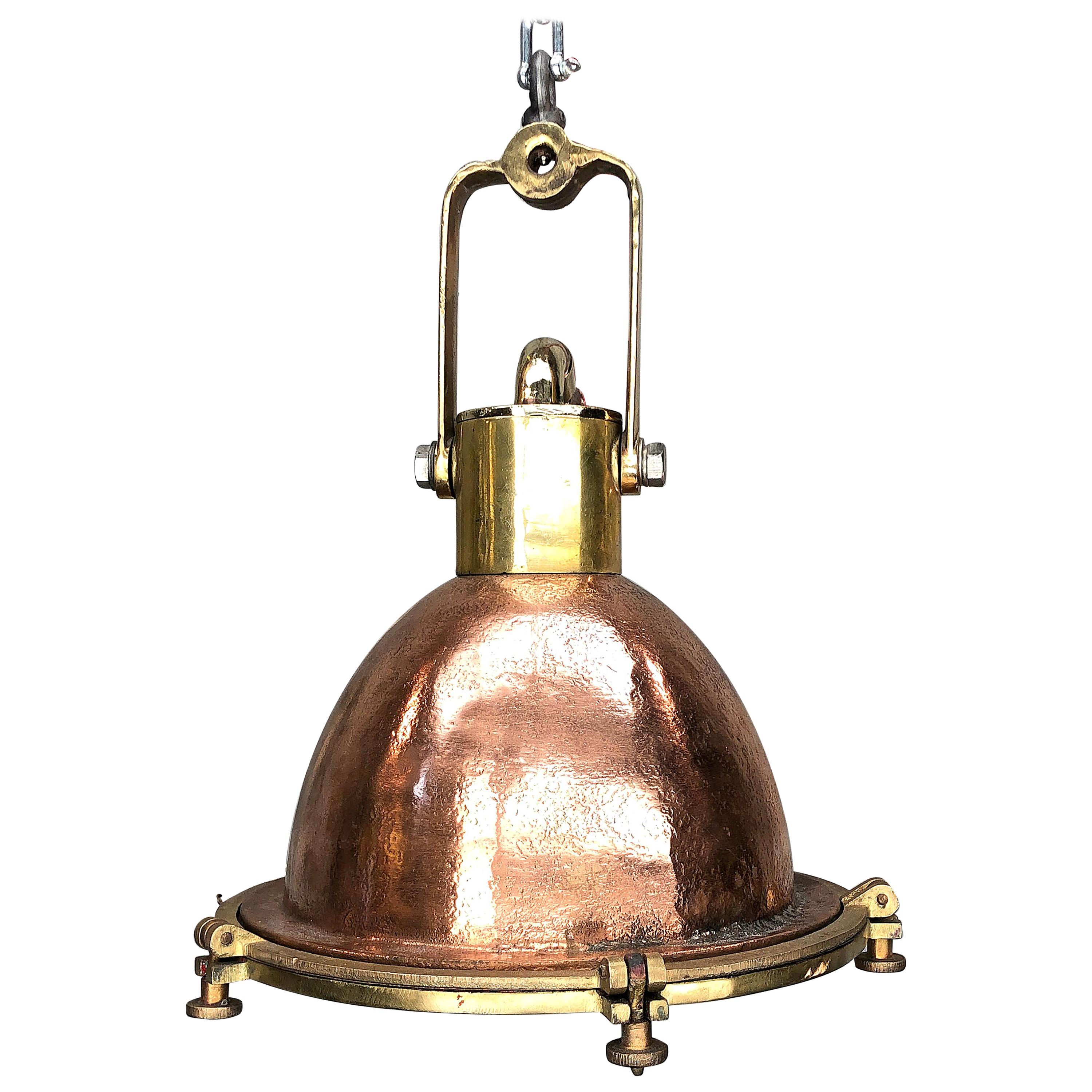 Midcentury German Copper, Cast Brass and Glass Industrial Marine Pendant Light