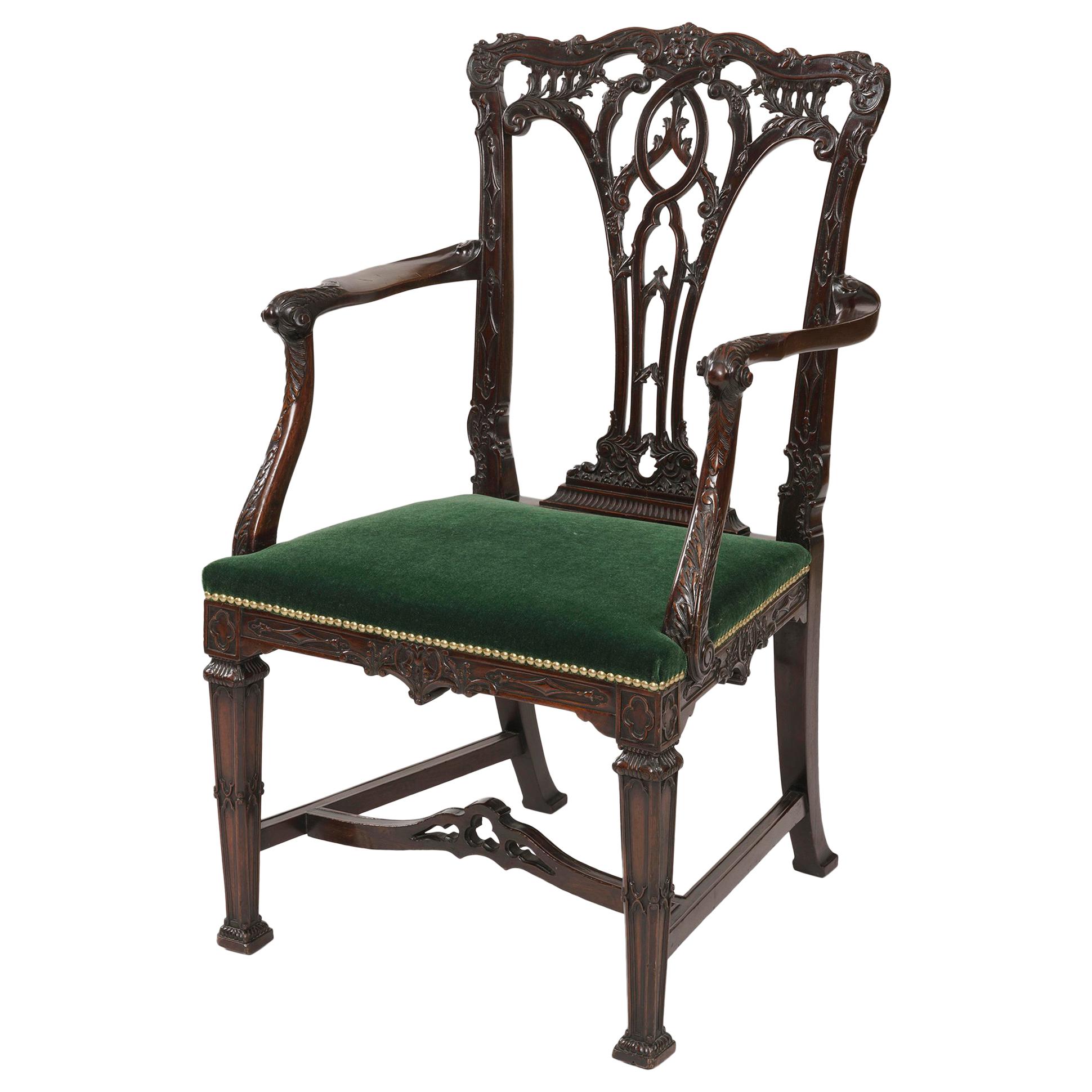 19th Century Mahogany Armchair in the style of Chippendale with Green upholstery