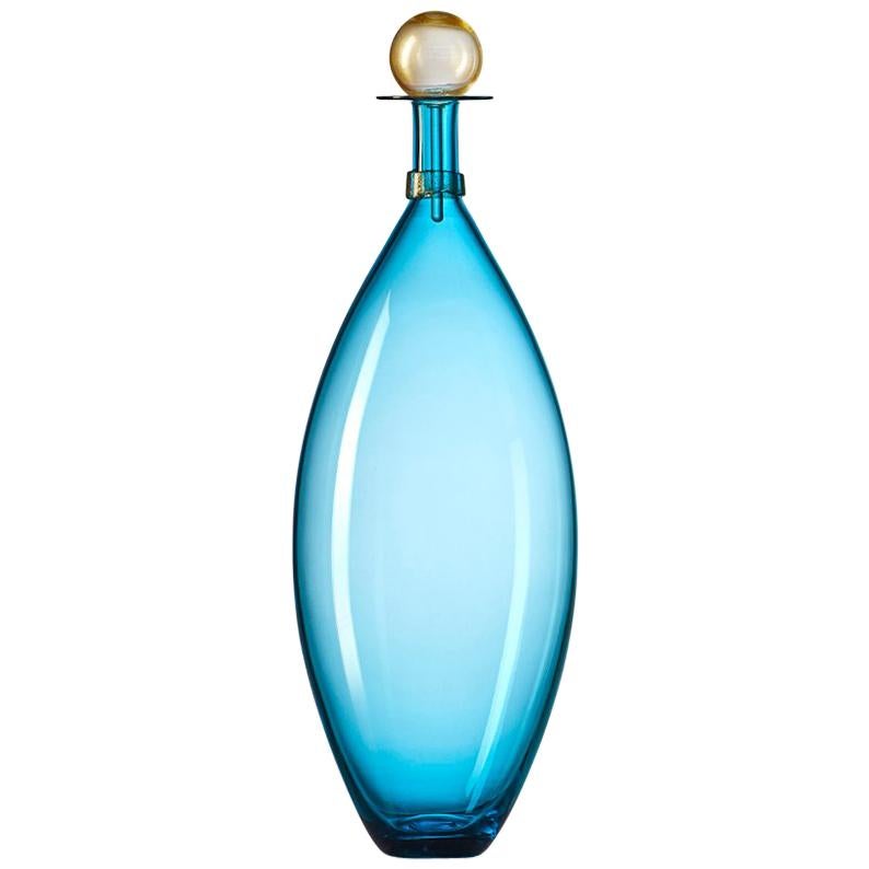 Large Handblown Glass Bottle, Turquoise with Gold Leaf Stopper by Vetro Vero For Sale