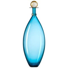 Large Handblown Glass Bottle, Turquoise with Gold Leaf Stopper by Vetro Vero