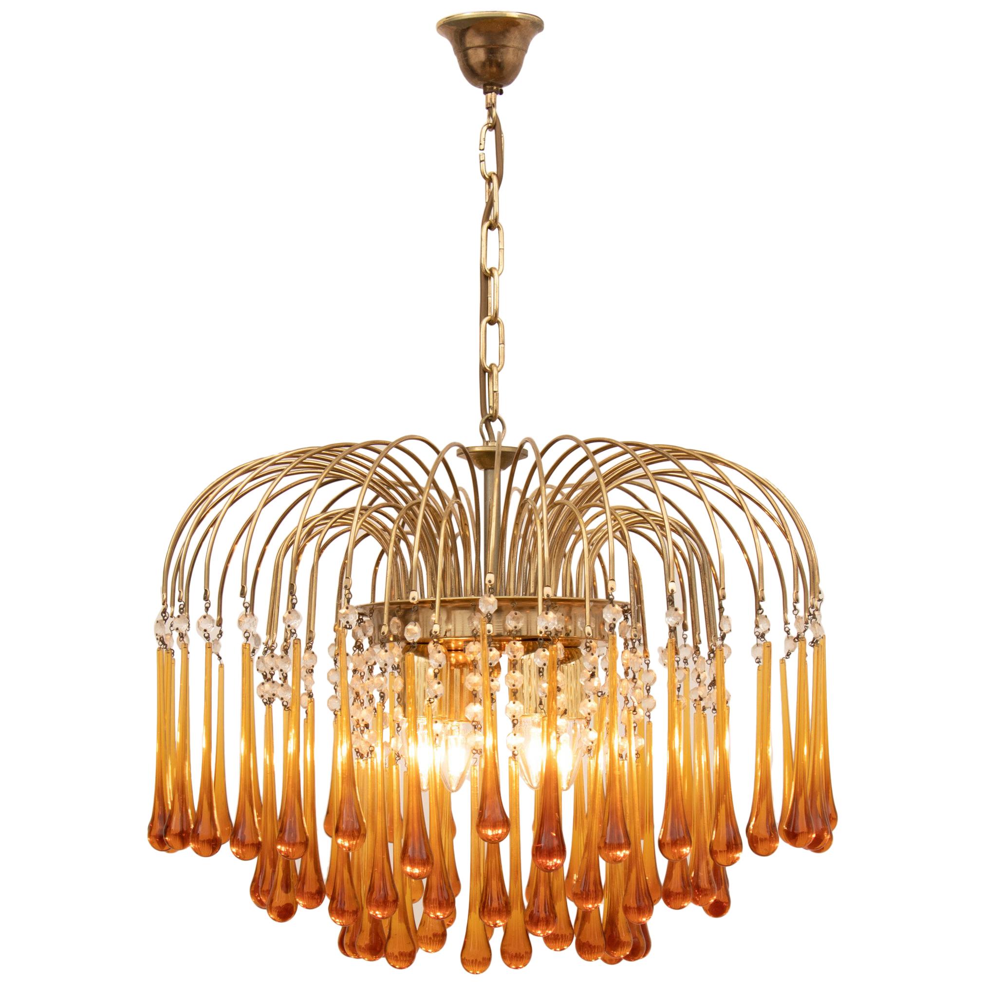 1960s Italian Brass and Murano Amber Glass Tear Drop Chandelier by Paolo Venini