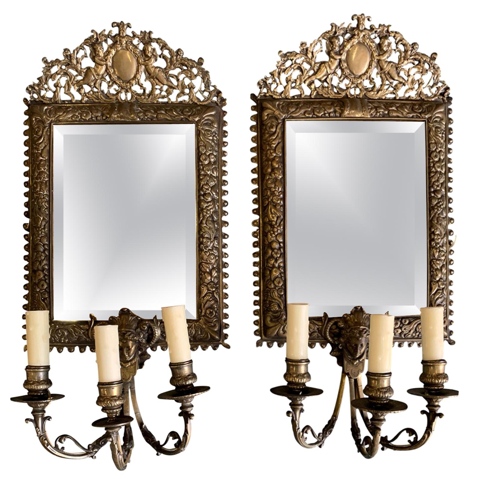 Pair of French Bronze Mirrored Three-Arm Sconces, Circa 1900 For Sale